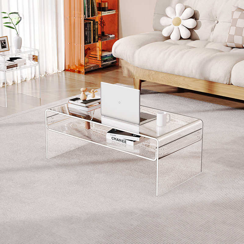 Modern Clear Acrylic Coffee Table, 2-Tier Minimalist Sofa Side Table for Living Room, 15mm Thick Small Space Storage