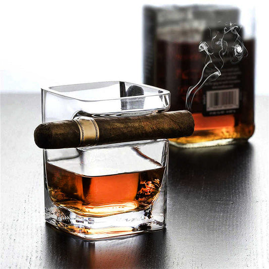 Luxury Crystal Cigar Whiskey Glass 260ml – Square Old Fashioned Rocks Tumbler with Integrated Cigar Holder, Set of 2 with Coasters & Cleaning Brush