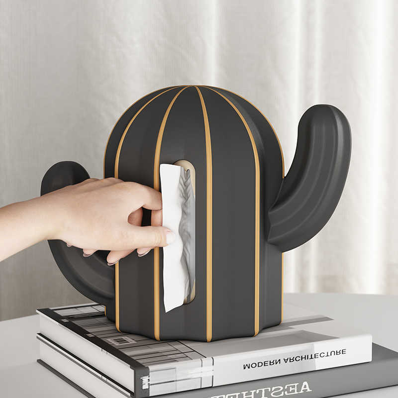 Luxury Cactus Tissue Box Dispenser – Elegant Black & Gold Desktop Organizer for Living Room, Dining & Entryway Decor