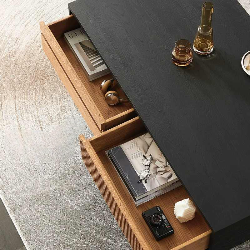 Modern Vintage Oak Coffee Table with Storage Drawers, Black and Wood Designer Center Table for Small Spaces