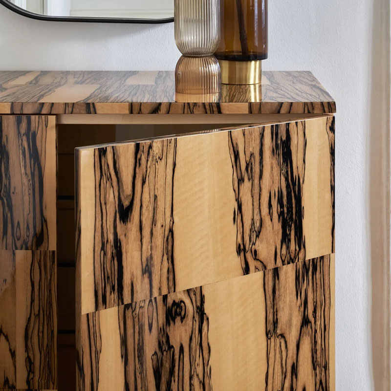 Mid-Century Vintage Patchwork Wood Sideboard, Designer Small Space Entryway Storage Cabinet, Retro Living Room Console