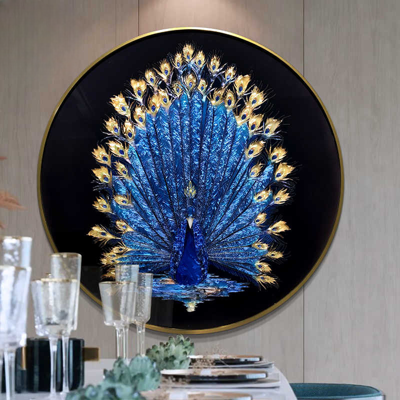 Luxury Hand-Painted Blue Peacock Cloisonné Enamel Round Wall Art – Gold-Framed Entryway, Dining Room, Living Room Hanging, 3D Artistic Statement Piece