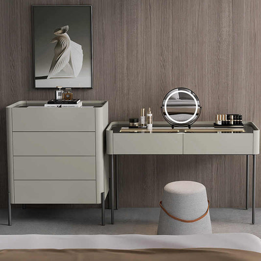 Minimalist Lacquered Vanity Set, Wide Dressing Table with Password-Locked Side Cabinet & Jewelry Box—Taupe Grey