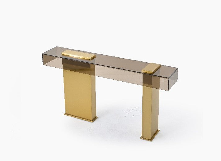 Minimalist Luxury Console Table, Modern Gold & Smoked Acrylic Entryway Table, Designer Hallway Sofa Table