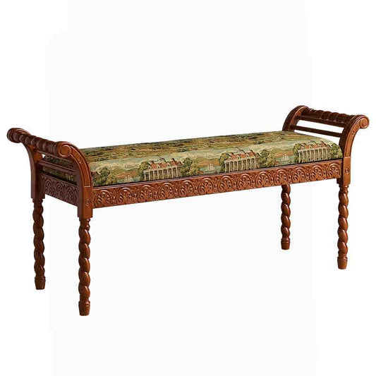 Camille Manor Vintage Upholstered Wooden Bench, Antique Carved Entryway Shoe Bench, French Style Bedroom End-of-Bed Ottoman