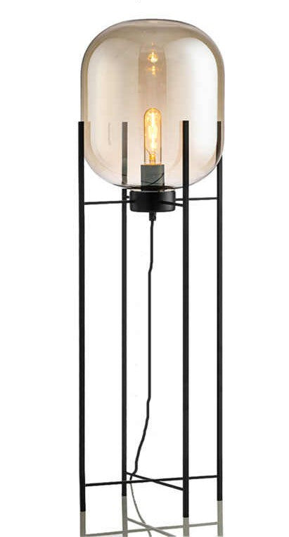 Luxury Floor Lamp with Cognac Glass Shade, Modern Minimalist Standing Lamp for Living Room Bedroom Study, Black Metal Frame Designer Light