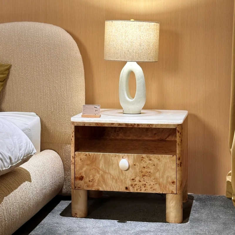 Designer Burl Wood Bedside Nightstand, Vintage Solid Wood End Table with Drawer, Luxury Bedroom & Hotel Accent Cabinet – Pre-Assembled