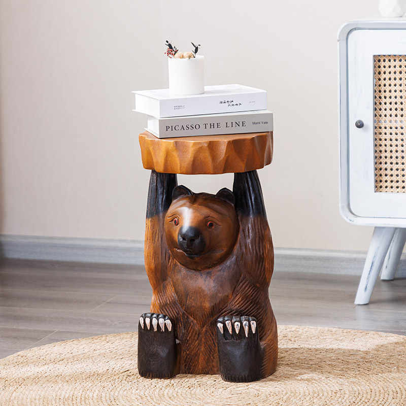 Hand-Carved Wooden Bear Stool with Tree Stump Base, Rustic Animal Accent Table for Entryway Shoe Change & Plant Stand,