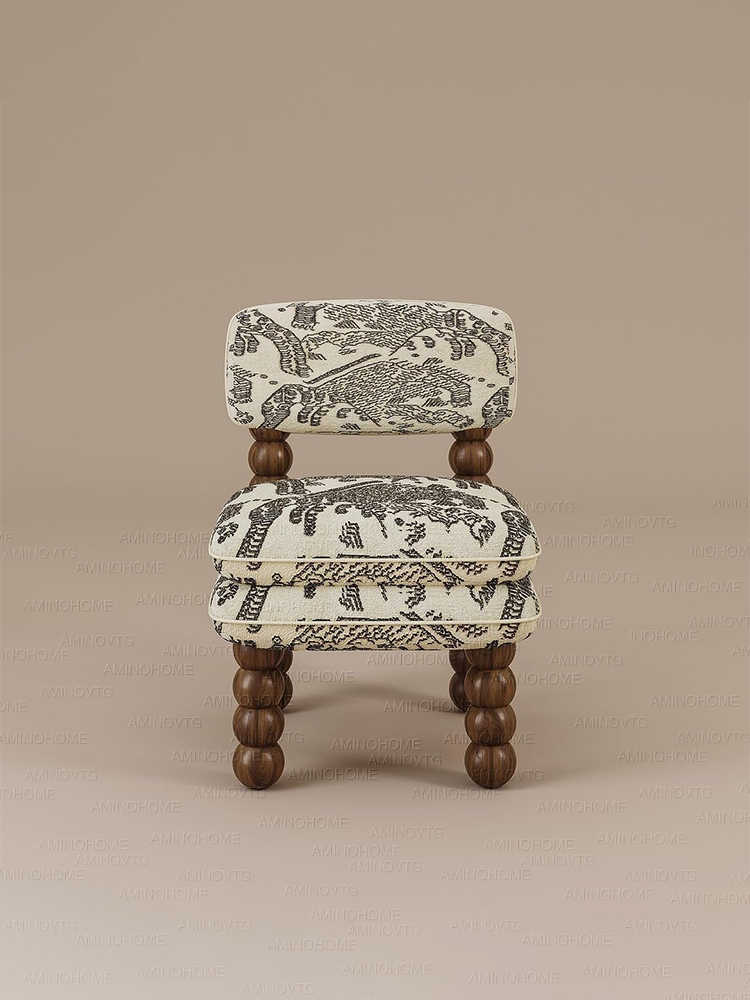 French Vintage Tiger Mountain Pattern Dining Chair with Bobbin Legs, Traditional Upholstered Armchair with Ottoman Set