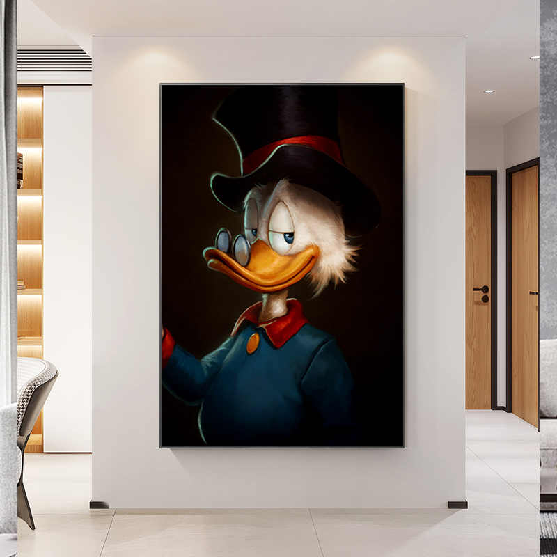 Hand-Painted Scrooge Duck Oil Painting, Large Cartoon Animal Modern Wall Art, Entryway, Living Room & Bedroom Decorative Panel, Black Aluminum Frame