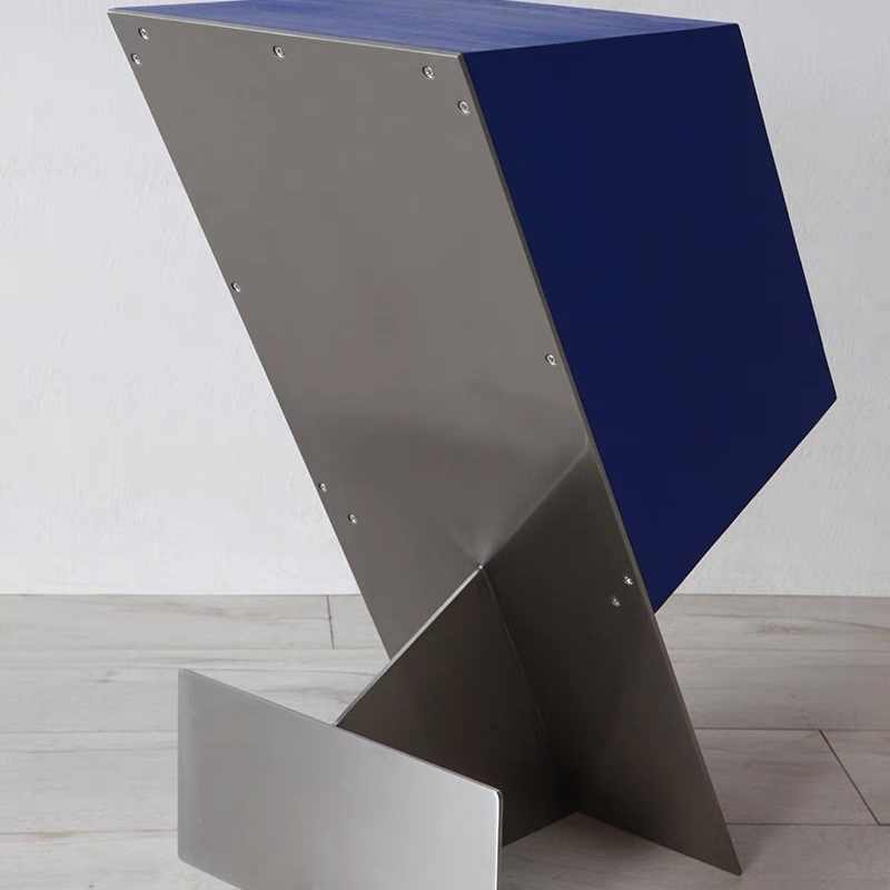 Klein Blue & Stainless Steel Modern Magazine Side Table – Minimalist Designer Display Shelf, Accent Cabinet