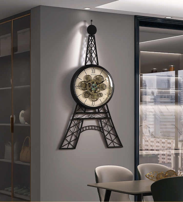 Vintage Creative Art Wall Clock – Eiffel Tower Gear Design, Light-Luxury Statement Timepiece