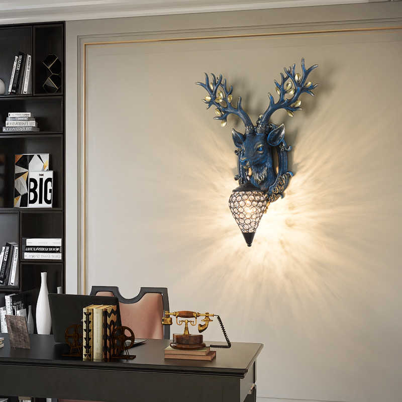 Creative Blue Deer Head Wall Lamp, Artistic Animal Sconce for Living Room, Corridor, Clubhouse