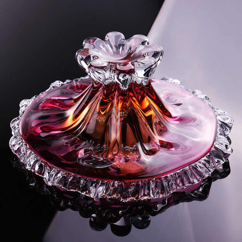 European Luxury Crystal Glass Pedestal Fruit Bowl, Pink Amber Gradient Compote with Ruffled Edge for Living Room, Elegant Footed Serving Dish Showroom Decor