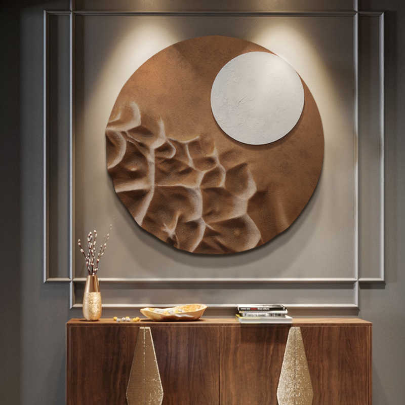 Modern Round 3D Relief Wall Art, Handcrafted Embossed Sandstone Texture Landscape with Moon, Entryway & Living Room, Unframed