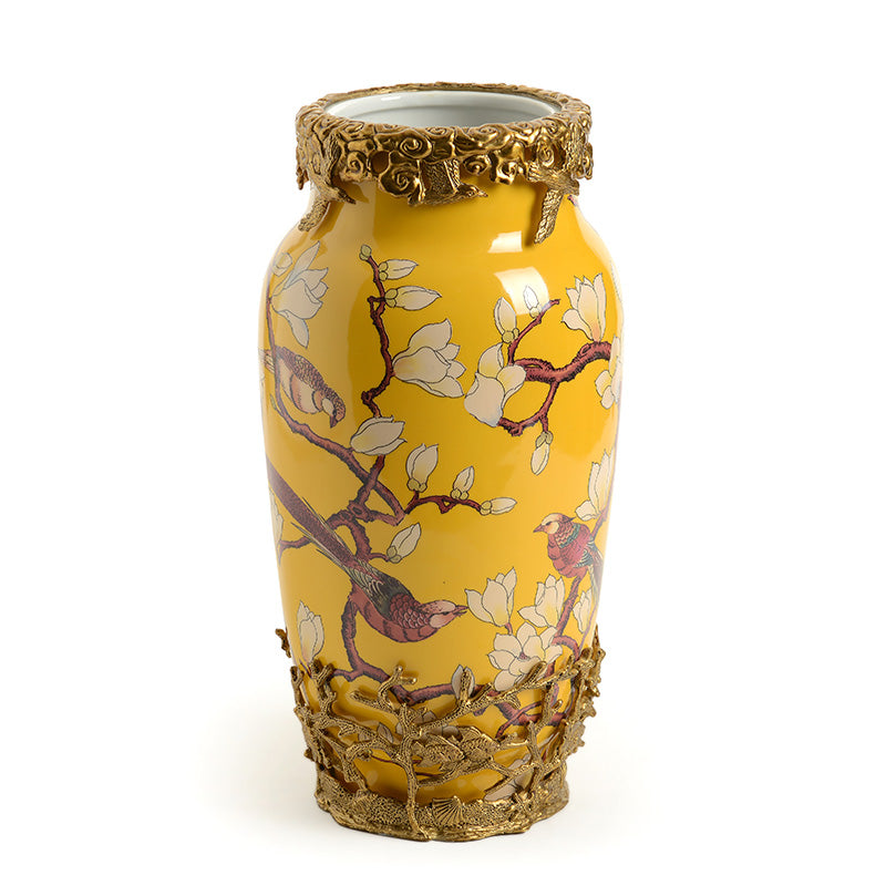 Yellow Porcelain and Brass Decorative Vase, Luxury Creative Flower Vase for Living Room, Entryway, and Model Home Display