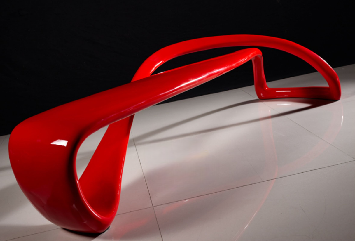 E-Turn Bench Modern Sculptural Outdoor Low Stool, Red Plastic Fiberglass Minimalist Designer Butterfly Bench