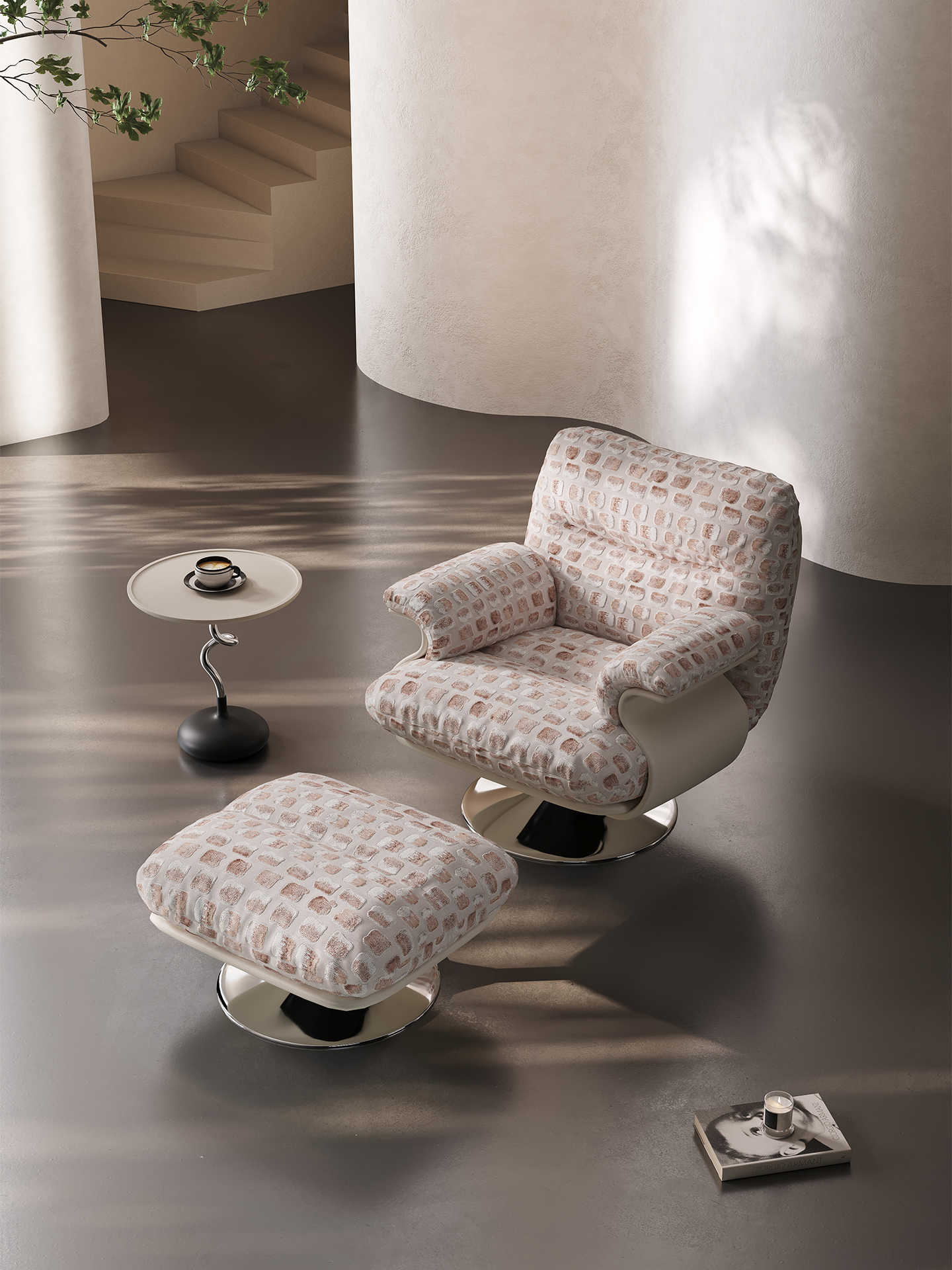 Creative Gradient Cut Velvet Designer Chair – Nordic Contemporary Single Seat with Sculptural Shell & Chrome Swivel Base