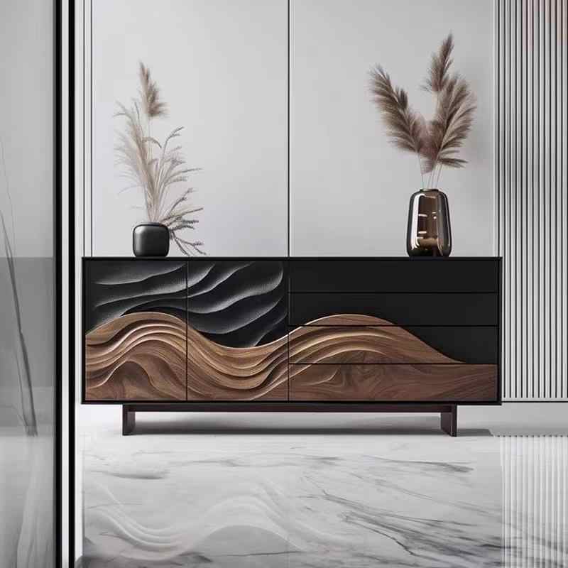 Luxury Modern Wave Carved Sideboard Cabinet, High-End Solid Wood 4-Drawer 2-Door Console for Villa, Bedroom, or Entryway