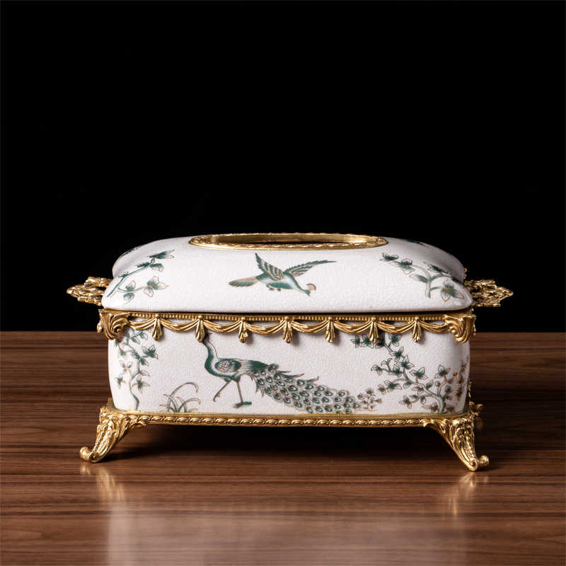 Luxury Peacock Porcelain and Brass Tissue Box, Handcrafted Gold Gilded Tissue Holder for Living Room, Coffee Table, and Home Decor