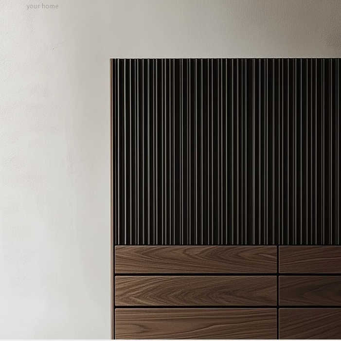 Nordic Walnut Wood Tall Storage Cabinet – Modern Fluted Black and Wood Accent Dresser, Contemporary Living Room Sideboard, Minimalist Bedroom Entryway Console