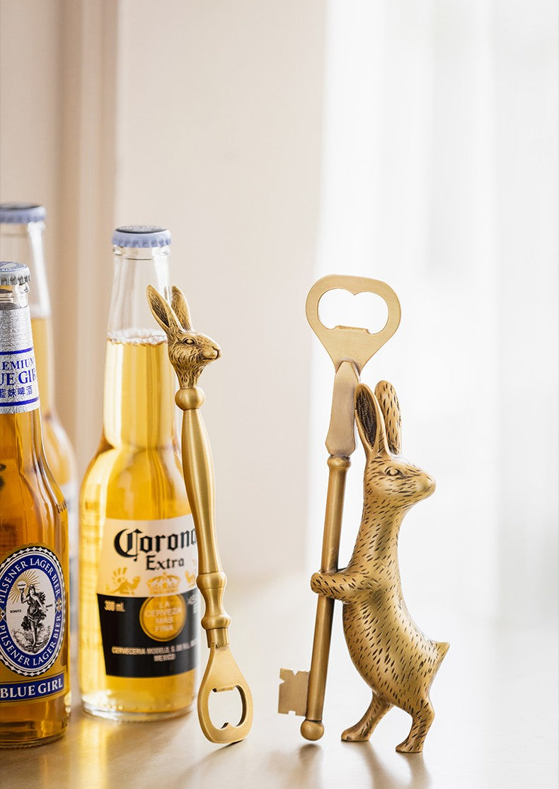 Vintage Brass Rabbit Bottle Opener Set, Unique Luxury Beer Opener Key & Bunny Head Design, Home Bar Tool Gift, 2-Piece