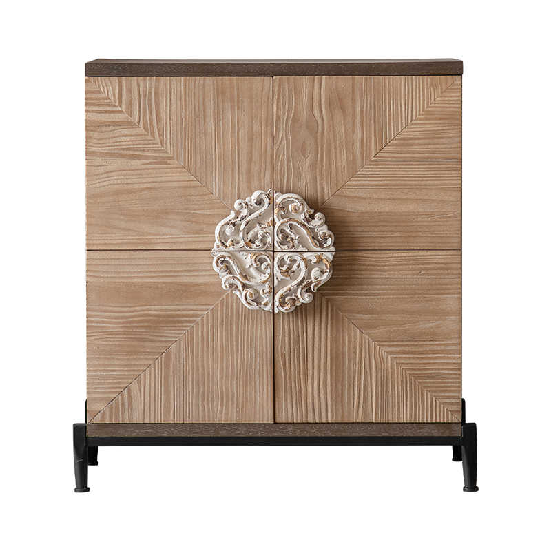 American Rustic Wood Entryway Cabinet with Chevron Pattern & Ornate Metal Hardware, Distressed Finish Storage Console for Small Spaces