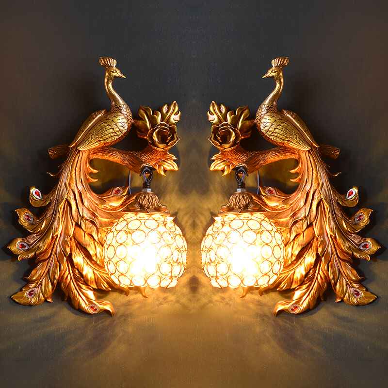 Gold Peacock Wall Sconce Set – Decorative Resin Wall Lamps for Living Room, Bedroom, and Hallway Accent Lighting