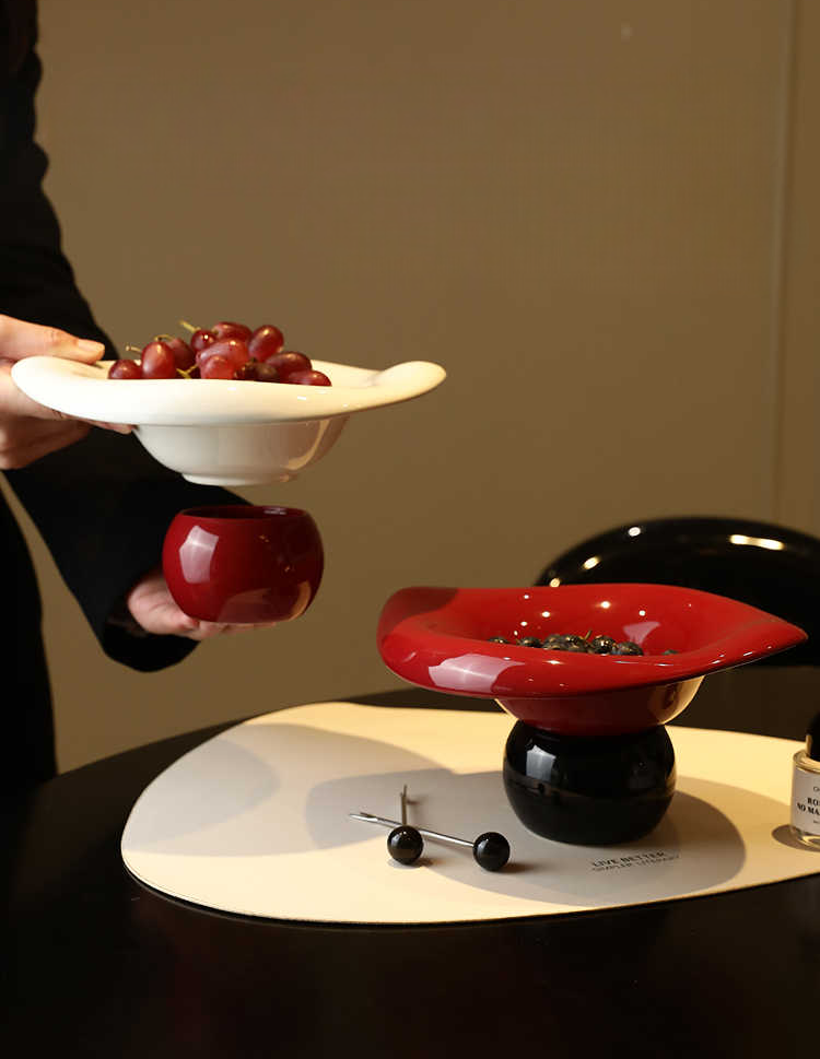 Exquisite Wave-Fruit Tray Set – Luxe Modern High-Gloss Fruit Bowls for Living Room or Tea Table, Red/Black & White/Red