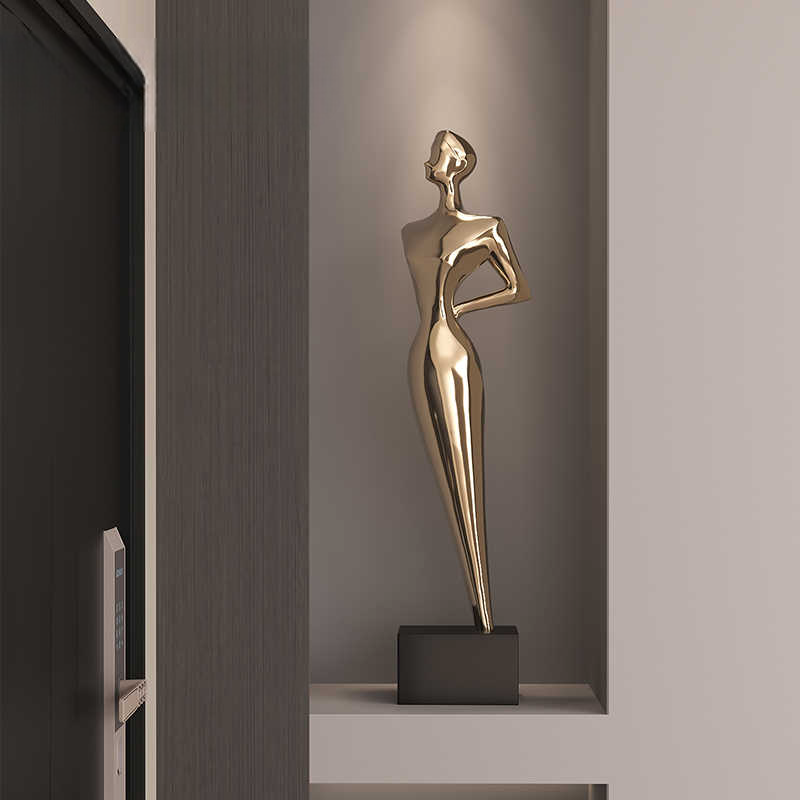 Modern Minimalist Gold Lady Sculpture, Tall Luxury Metallic Decor for Entryway, Living Room, or Office, Contemporary Style
