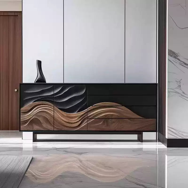 Luxury Modern Wave Carved Sideboard Cabinet, High-End Solid Wood 4-Drawer 2-Door Console for Villa, Bedroom, or Entryway