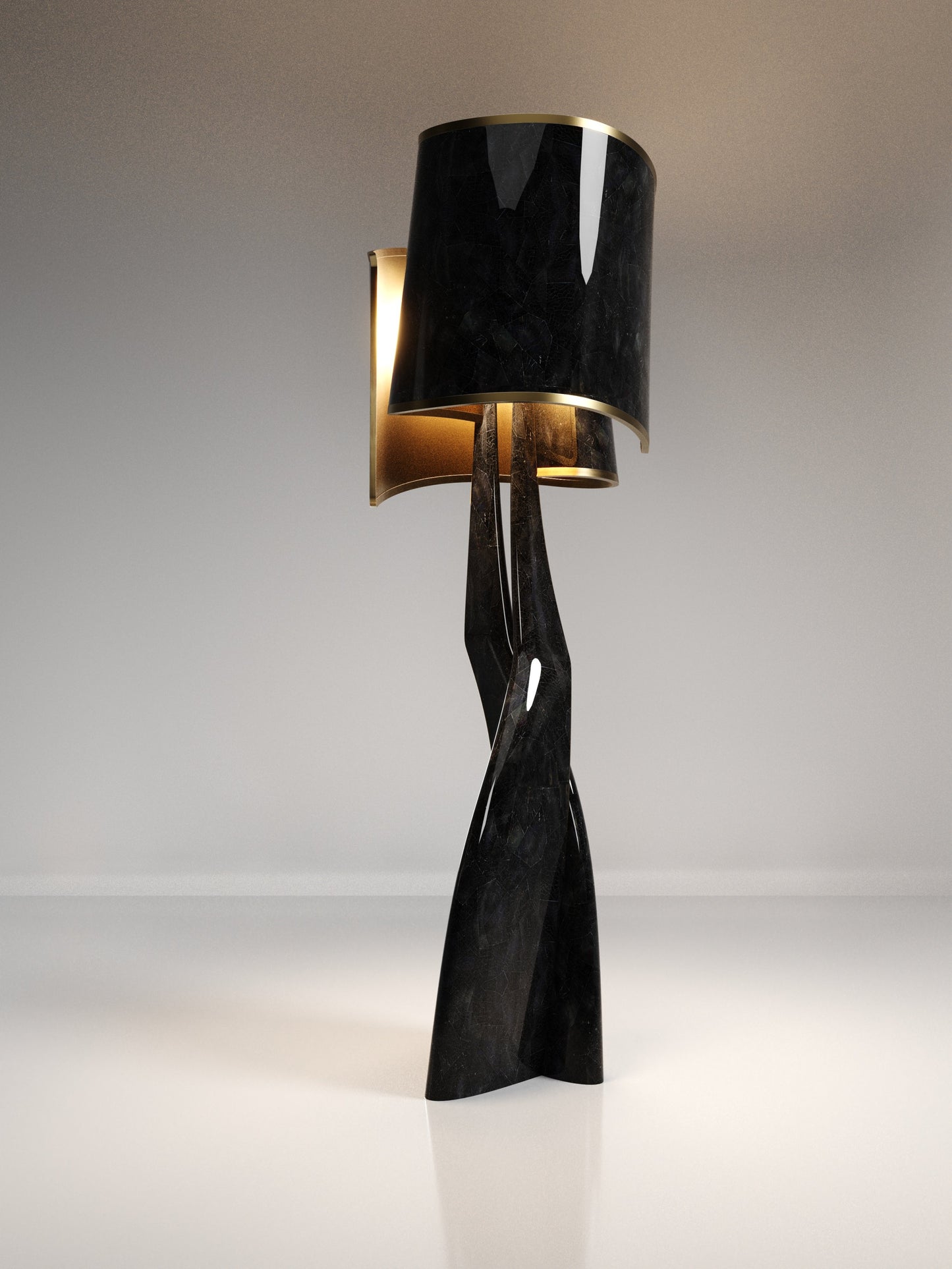 Postmodern Black Leather Floor Lamp, Custom Designer Art Deco Standing Light, Minimalist Retro Handmade Statement for Living Room or Study