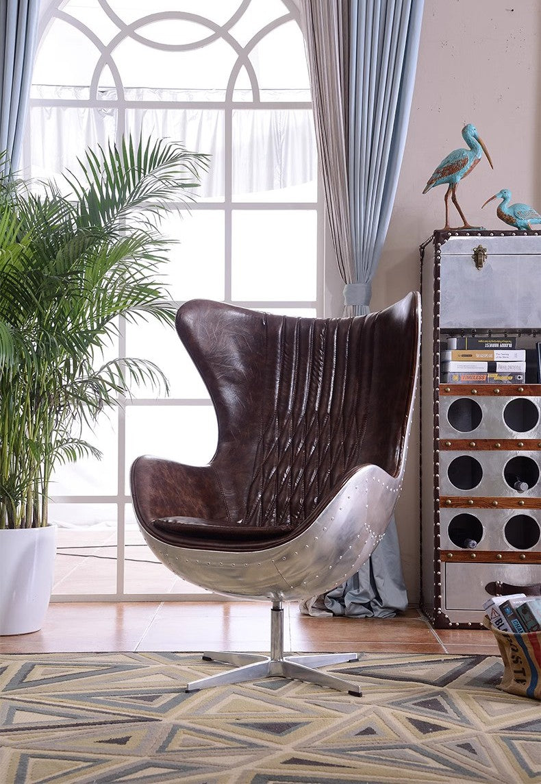 Classic Mid-Century Egg Chair with Aviation-Inspired Design – Premium Vintage Brown Leather & Polished Aluminum Shell, Swivel Lounge Chair