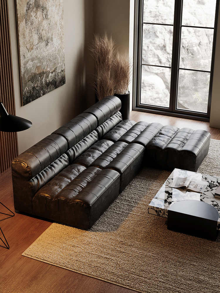 Vintage Modular Armless Leather Chaise Sofa Set – Retro Modern Sectional for Small Apartment Living Room, Tufted Lounge