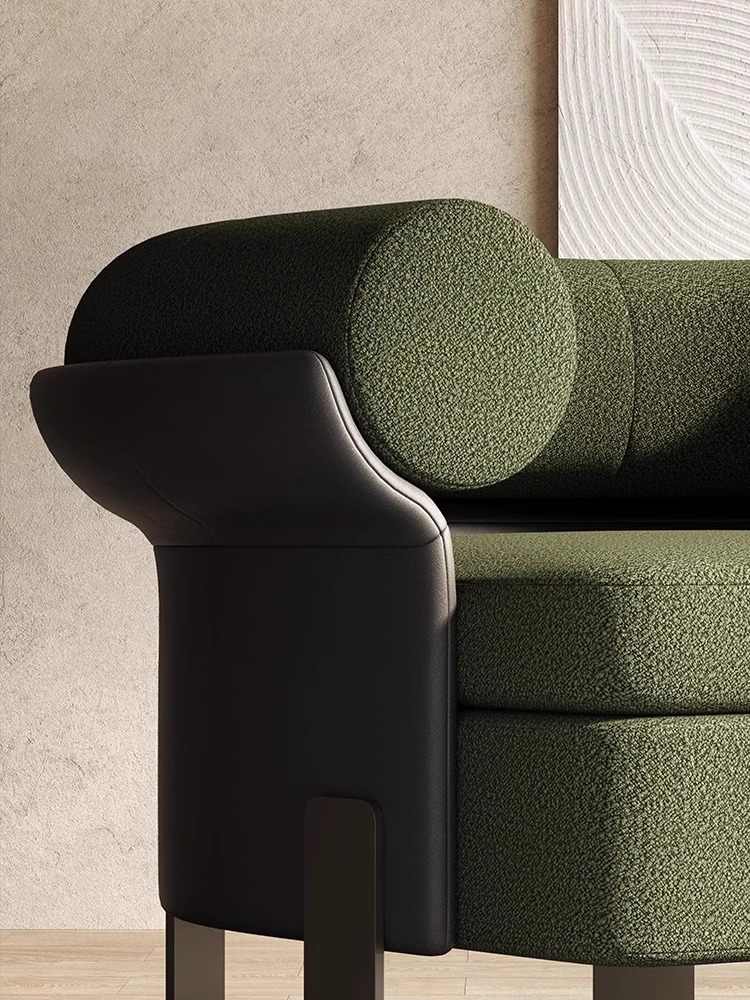 Modern Green Boucle Lounge Chair, Designer Single Armchair with Napa Leather Accent, Contemporary Minimalist Sofa for Living Room, Reception, Hotel Suite