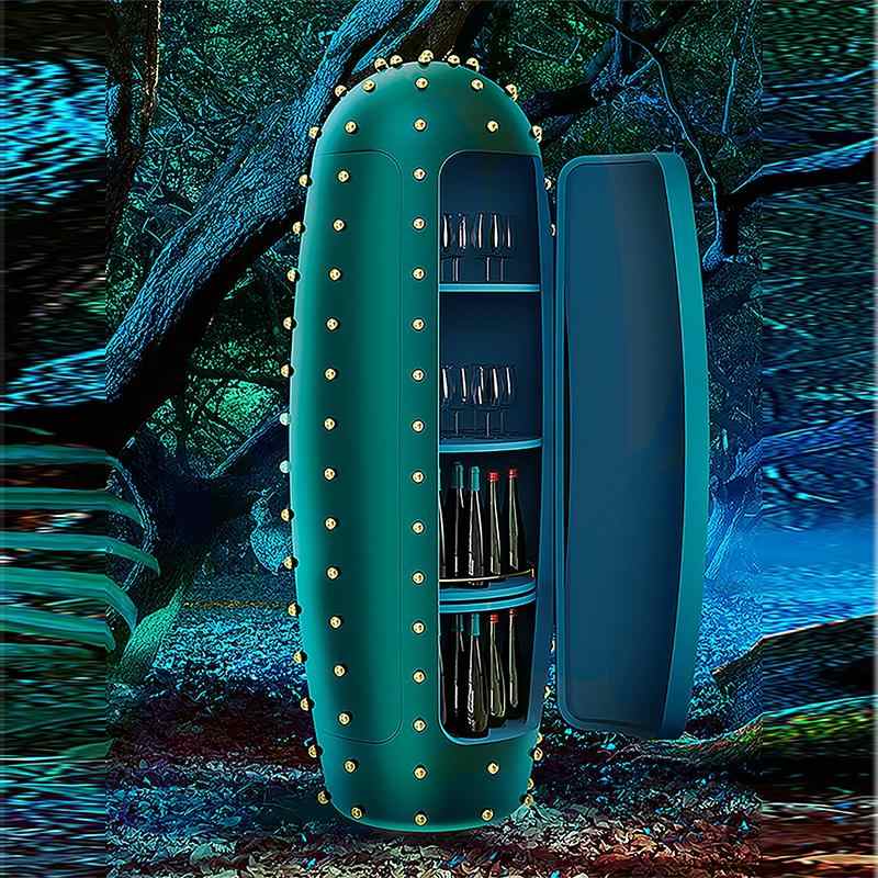 Designer Cactus Bar Cabinet – Luxury Emerald Green Wine Storage with Gold Studs, Unique Sculptural Furniture for Modern Interiors