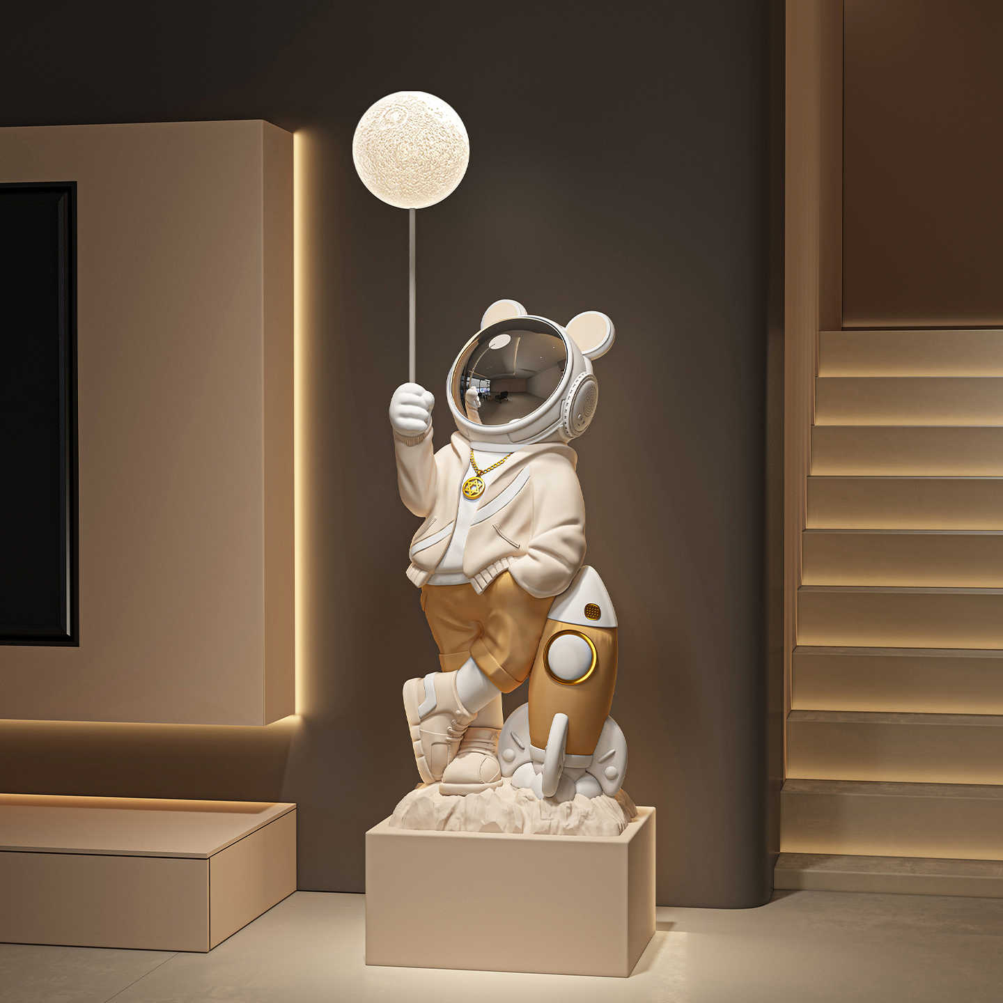 Luxury Life-Size Astronaut Floor Sculpture with LED Moon Lamp – Premium Space-Themed Art for Living Room & Housewarming Gift