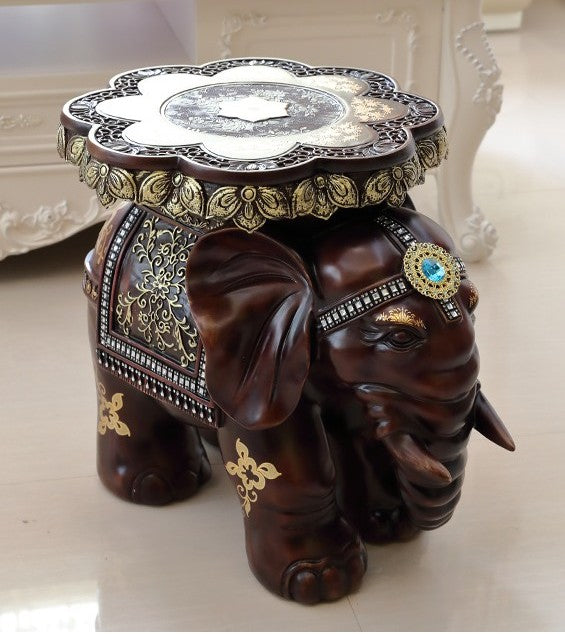 Creative Elephant Stools Set, European Style Shoe Changing Stools, Living Room Fortune Decorative Ornaments, Housewarming Gift - Wood-Grain Finish Set (Trunk Up + Trunk Down)