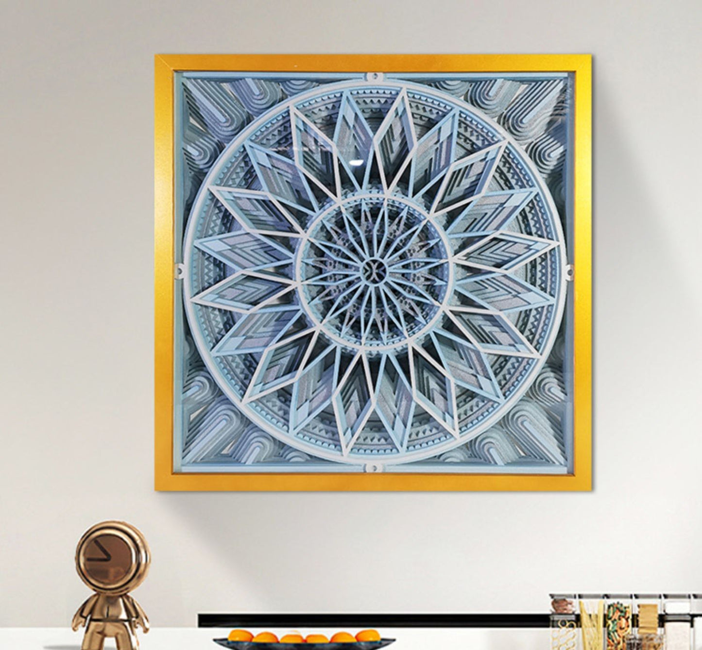 3D Wood Art Panel – Modern Geometric Mandala Wall Decor, Square Framed Living Room Sculpture (Aluminum Frame)