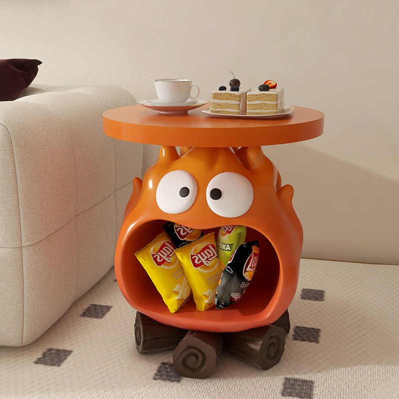Creative Monster Side Table with Wheels – Quirky Orange Character Mobile Accent Table, Fun Kids Room Storage Furniture, Playful Living Room Décor