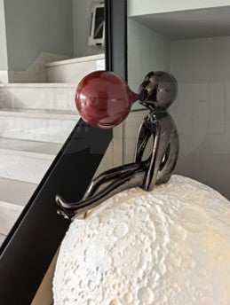 Modern Moon Sculpture with Bubble-Blowing Figurine, Large Standing Charging Art Statue for Living Room, Bar & Staircase Decor