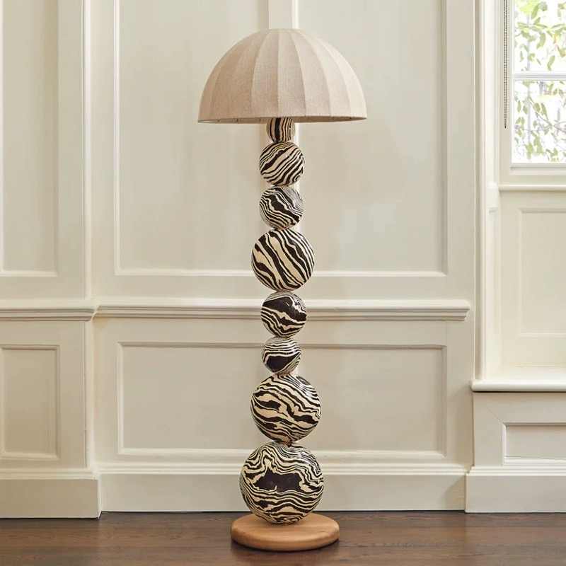 Modern Zebra Stripe Hand-Painted Art Ball Floor Lamp, Designer Sculptural Lighting with Stacked Spheres for Living Room Study, Contemporary Showroom Display