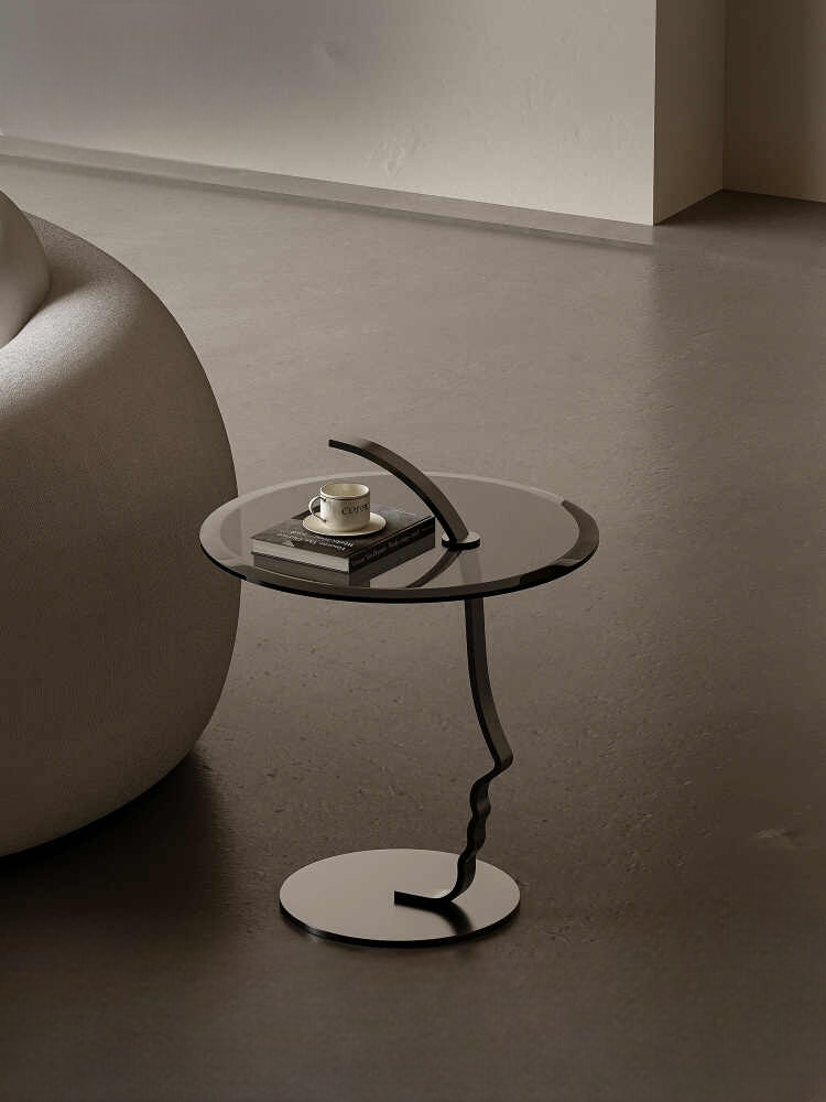 Designer Glass Side Table, Modern Minimalist Sculptural Accent Table for Small Spaces, Creative Curved Design