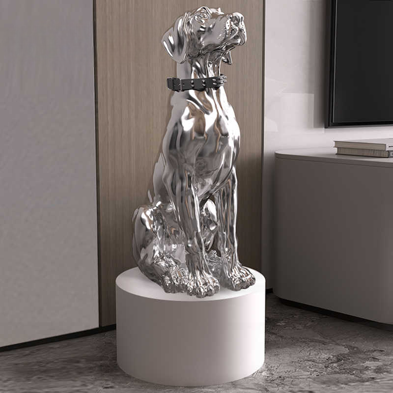 Chrome Dog Floor Sculpture, Modern Luxury Sitting Puppy Decor for Living Room, Entryway, TV Cabinet, Office