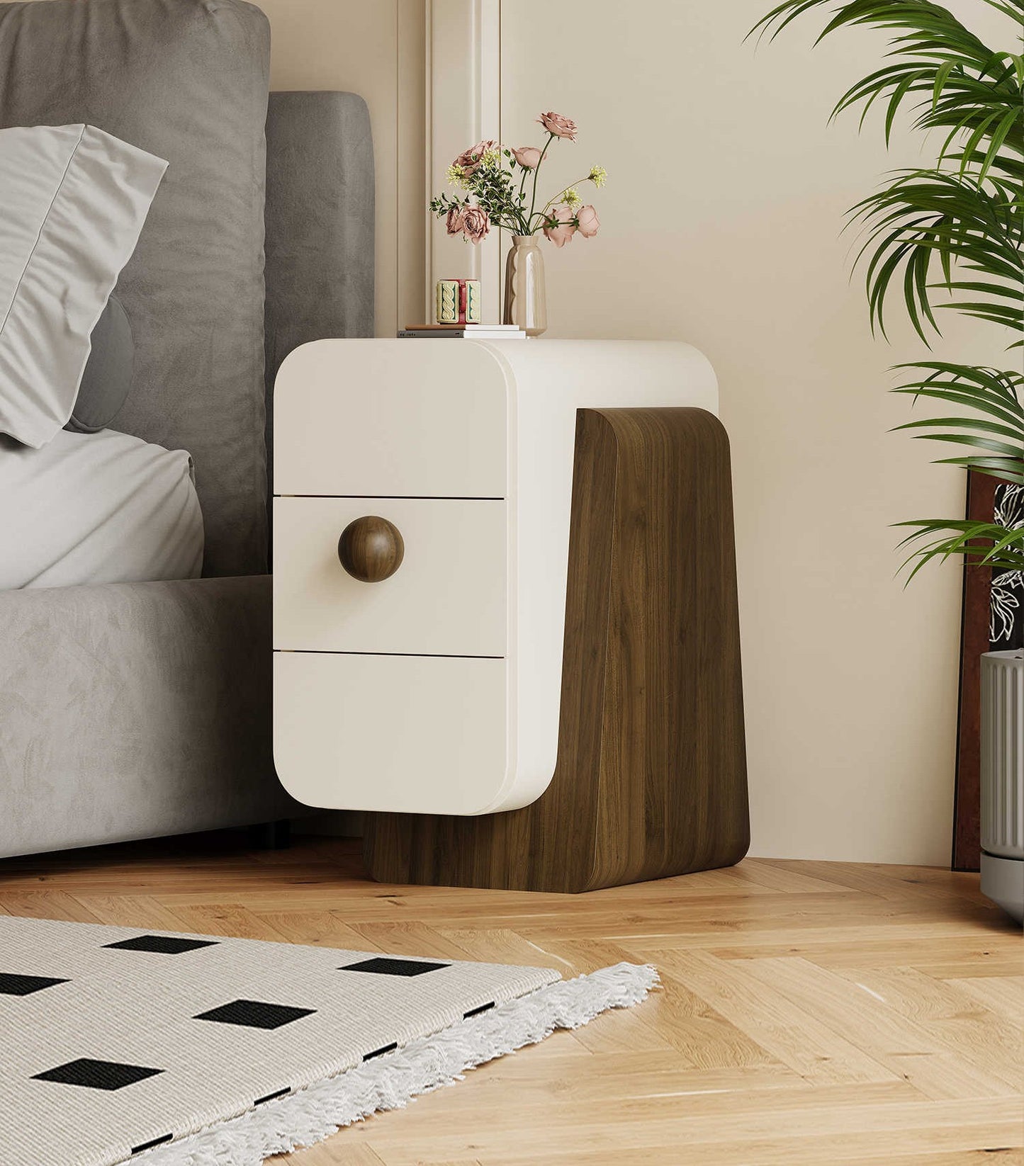Modern Black Walnut Narrow Nightstand with Drawer, 30cm Wide Space-Saving Bedside Table with AI Design Patent