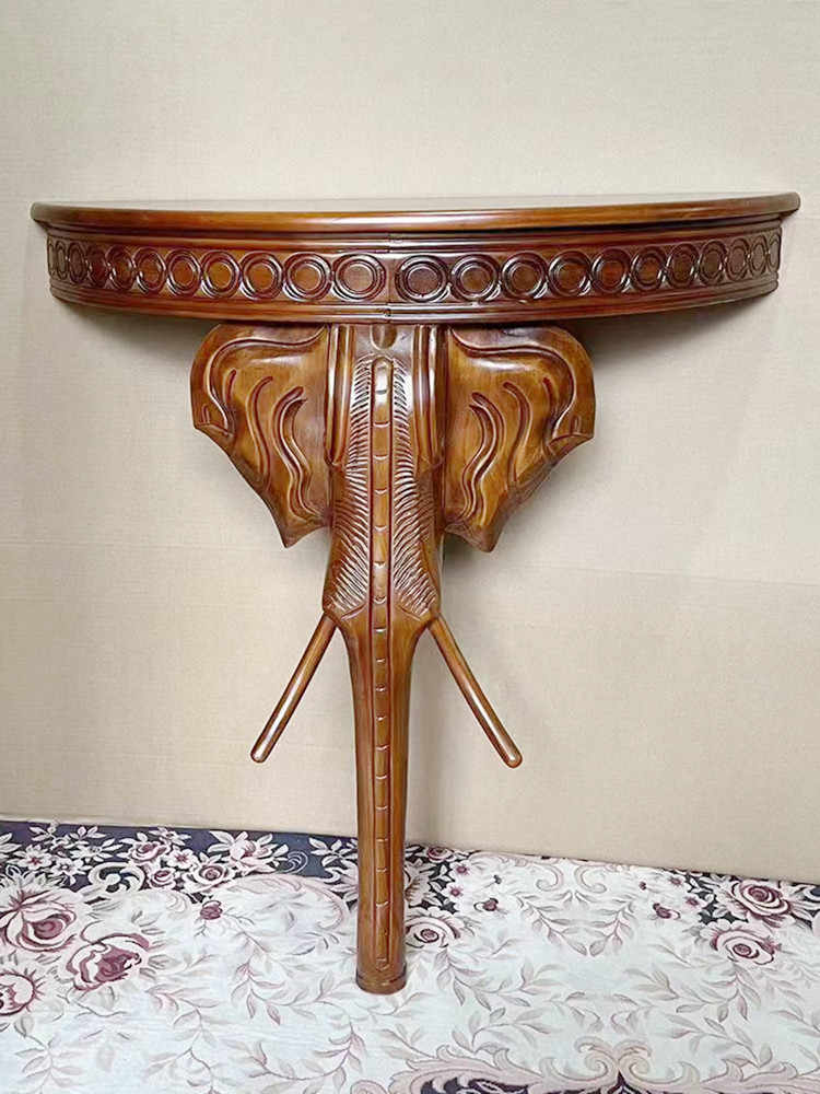 American Style Half-Moon Console Table with Hand-Carved Elephant Base, European Solid Wood Entryway Table with Circular Molding