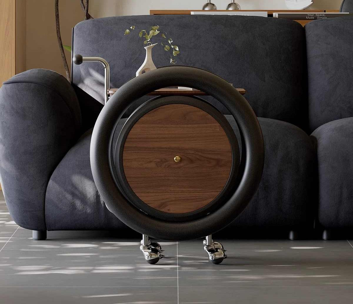 Mid-Century Modern Rolling Cart with Circular Design, Designer Mobile Storage Table with Walnut Wood Tray & Chrome Handle, Sofa Side Table on Wheels