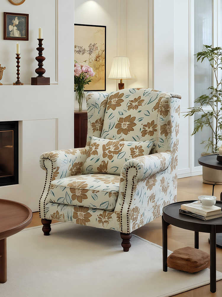 Vintage Floral High-Back Chair Set – Lounge Armchair and Ottoman, Balcony/Bedroom/Reading