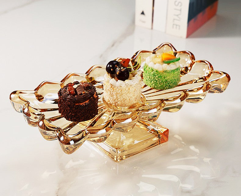 Luxury Amber Crystal Glass Pedestal Serving Tray, Flower Petal Design Rectangular Dessert Platter for Cakes & Pastries, Elegant High-Foot Display Stand