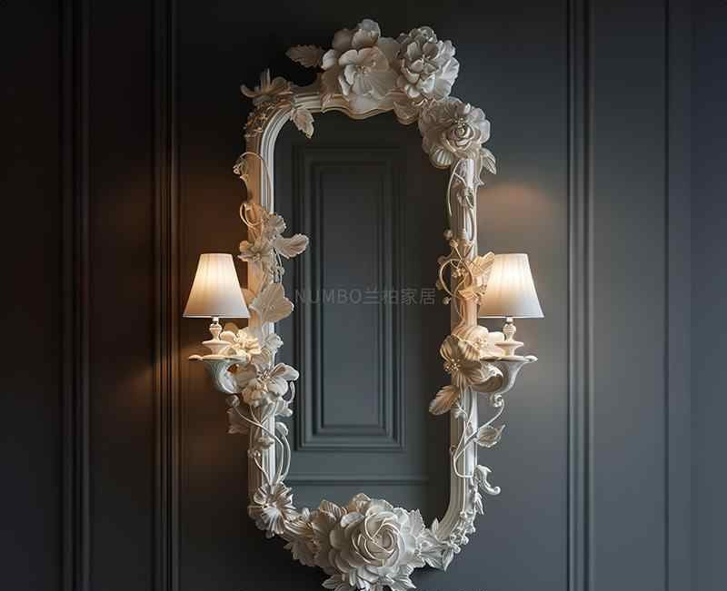NUMBO French Baroque Illuminated Full-Length Mirror with Rose Carvings & Integrated Sconce Lights